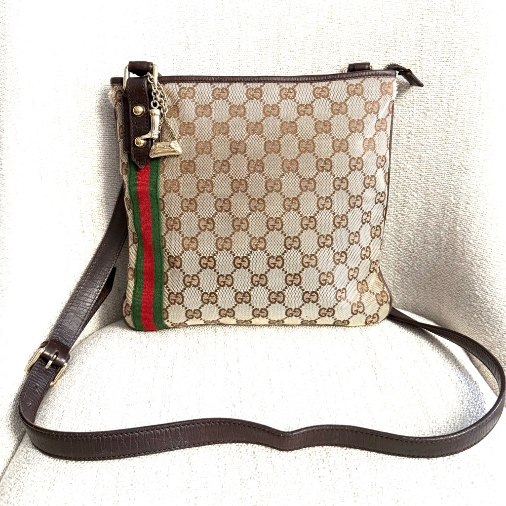 Gucci Authentic Brown Monogram Canvas Crossbody Or Shoulder Bag With Charms